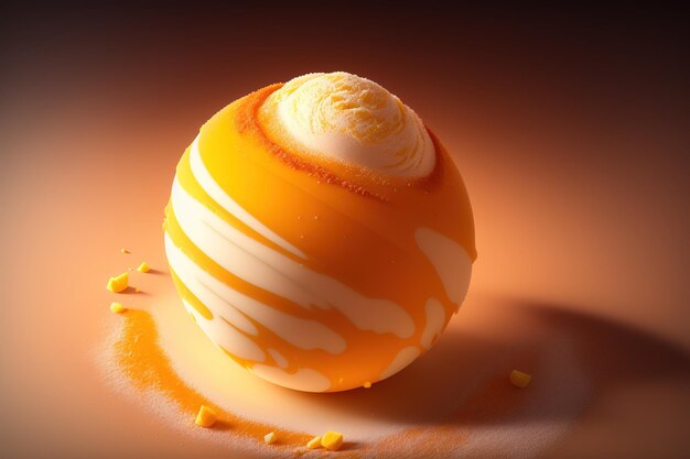 A yellow and white dessert with swirly swirls on the top.