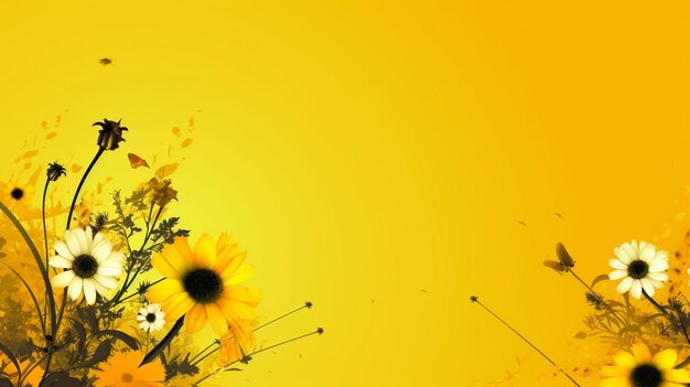 Yellow and white flowers against a yellow background with a butterfly generative ai