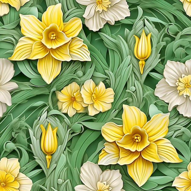 Yellow and white flowers are in a field of green leaves generative ai