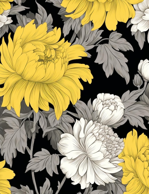 Желтые и белые цветы на черном фоне с листьями генеративный ай