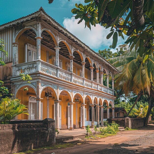 Yellow and White French Colonial Architecture in Mamoudzou Mayotte surrounded by Trees