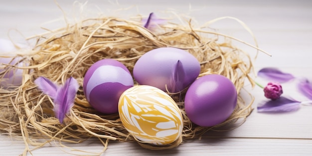 A yellow and white painted easter egg sits in a nest with other painted eggs.