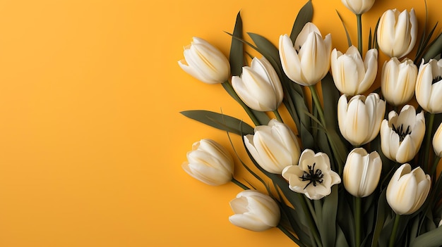 Yellow and white tulip flowers bouquet in front of yellow background top view flat generative ai