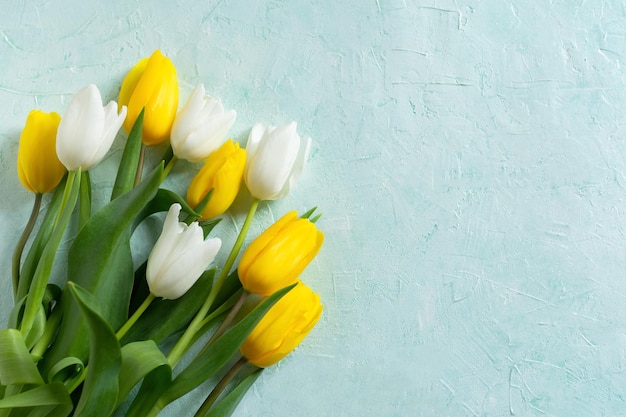 Yellow white tulips wooden mint background