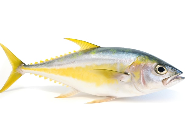 A yellow and white tuna fish with yellow fins.