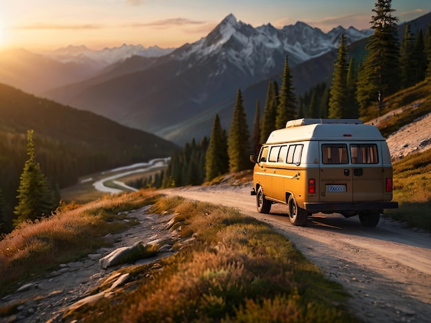 a yellow and white van is driving down a dirt road