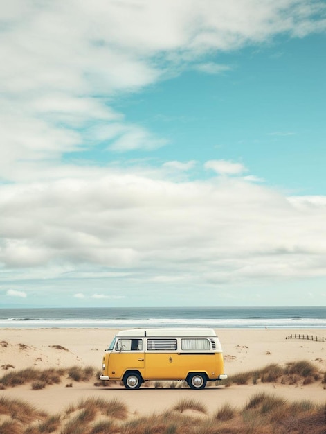 a yellow and white van is parked on a beach with a blue sky and clouds.