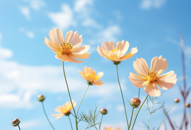 yellow wild flowers under sky in the style of brightly colored