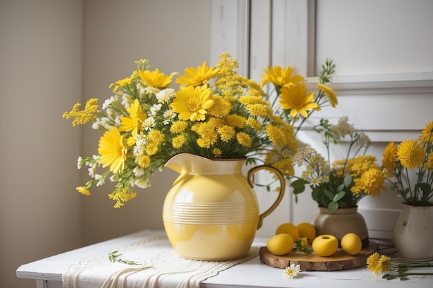 Желтые дикие летние цветы в кувшине на белом винтажном интерьере