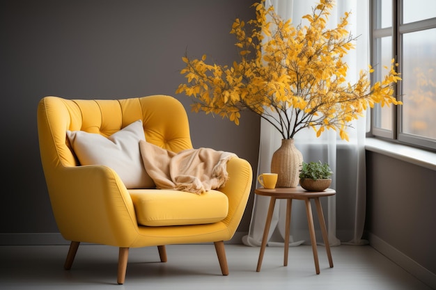 Yellow wing chair and coffee table near beige grunge wall Interior design living room AI Generated
