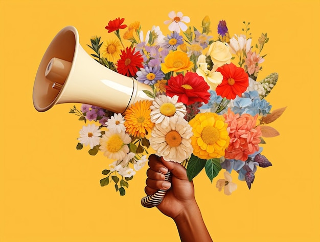 Yellow woman loudspeaker bullhorn announce flowers hand message communication day loud megaphone