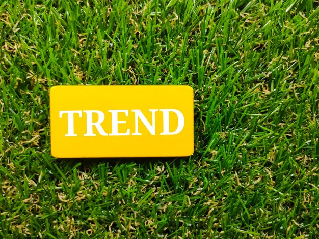 Yellow wooden board with TREND word on artificial green grass background