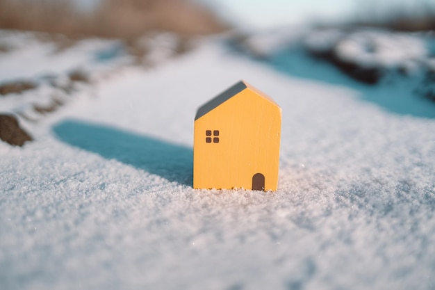 Yellow wooden christmas toy miniature house on snow background. New year property investment concept.