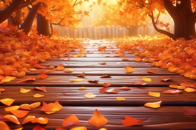 Yellow wooden table top and autumn golden leaves