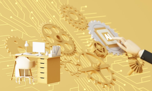 Yellow work desk with laptop computer in the future that works
with artificial intelligence and modern technology the goals of
company work hard on the background ai chip and circuit 3d
rendering