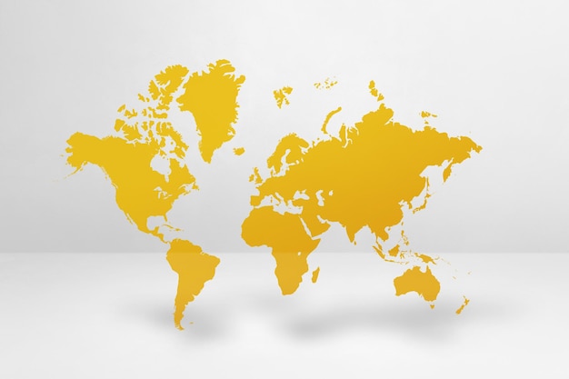 Yellow world map isolated on white wall background 3D illustration