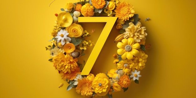 A yellow wreath with yellow flowers and the number 7 on it.