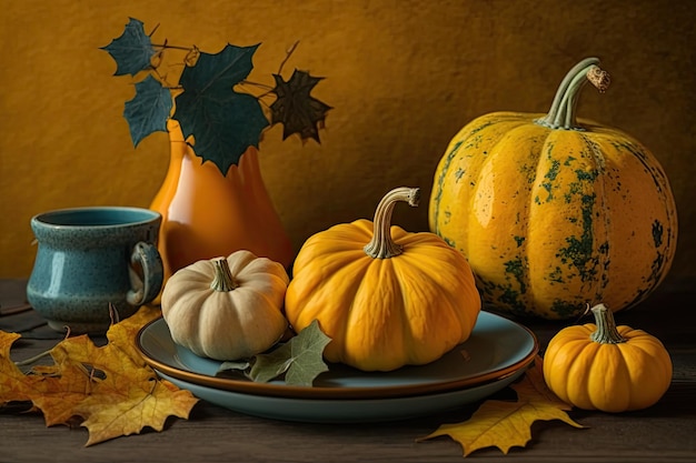 A yellowbacked still life of autumn pumpkins is on a wooden table