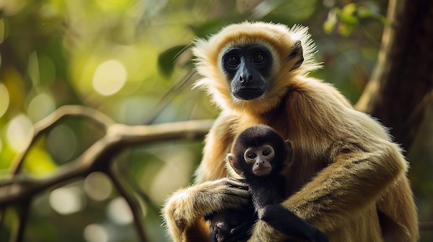 Yellowcheeked Gibbon Nomascus gabriellae with grass food orange monkey on the tree