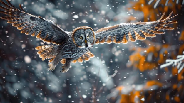 Photo yelloweyed grey owl soars with open wings in snowy forest of sweden showcasing wild beauty and