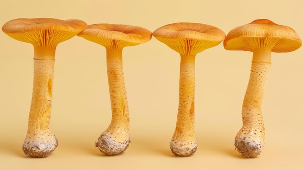 Foto funghi a piedi gialli craterellus tubaeformis su uno sfondo pastello delicato