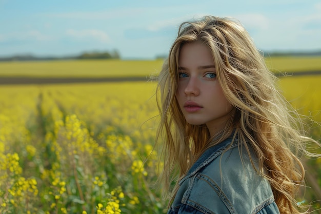 YellowGreen Fields Landscape with a Young Girl Enjoying Nature Copy Space for Text