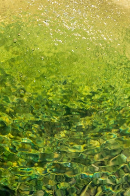 흐르는 물의 황록색 표면을 닫습니다.