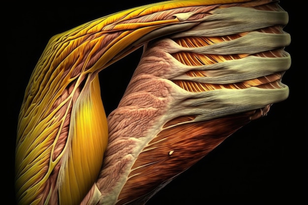 Yellowing skin muscles of arm muscle fibers created with generative ai