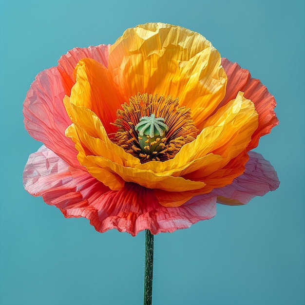 Yelloworange poppy on a blue background Square format