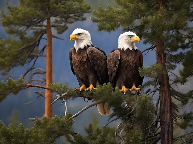 Foto coppia maestosa degli yellowstone eagles che riposa nell'abete