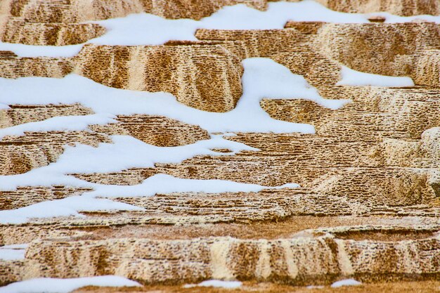 Yellowstone hot spring terraces in detail with patches of snow