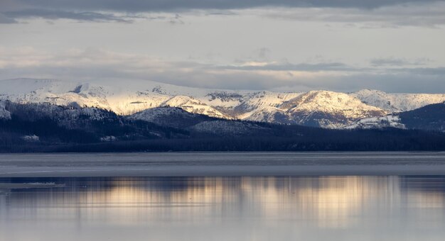 Yellowstone lake with snow covered mountains in american landscape