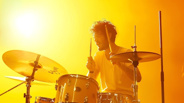 Photo yellowtinted image of a drummer playing the drums enthusiastically on a stage with bright yellow lighting