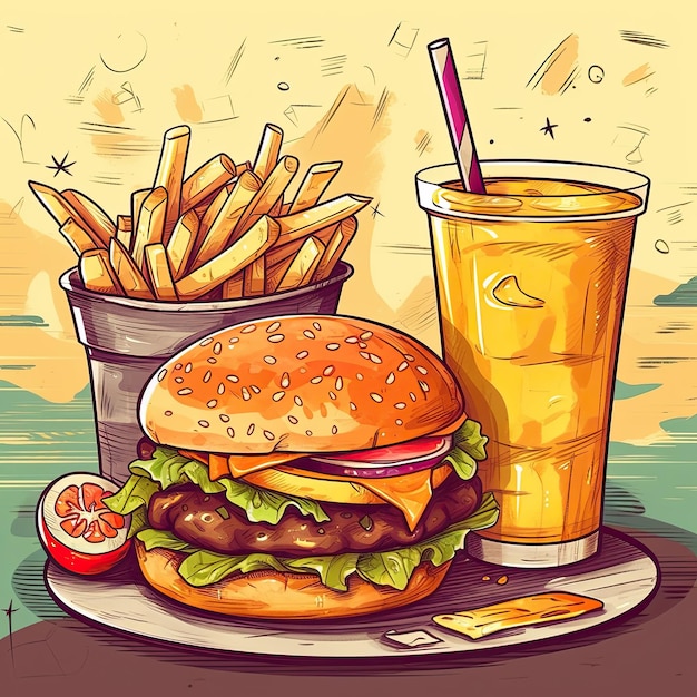 A yellowtinted luxury junk food concept illustration with french fries burger and drink on table