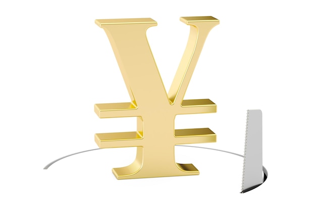 Foto yen- of yuan-symbool met snijzaag financiële risicoconcept 3d-weergave