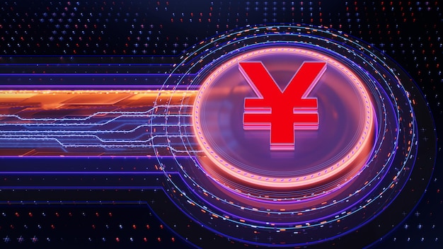 Yen or yuan symbol on abstract dark technological background Currency coin and circuit Electricity impulse on motherboard International and global market exchange concept 3D illustration