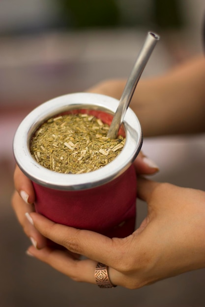 Yerba Mate-thee drinken in houten mate-beker met bombilla-metalen rietje als thee