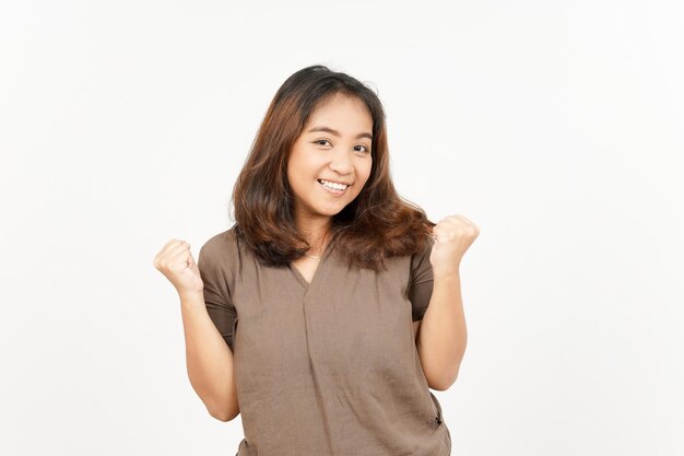 Yes and Celebration Gesture of Beautiful Asian Woman Isolated On White Background