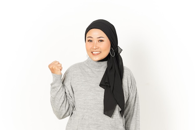 Yes Gesture of Beautiful Asian Woman Wearing Hijab Isolated On White Background