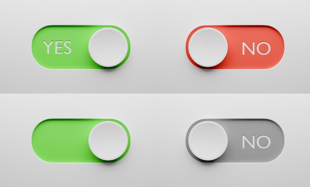 YES and NO toggle switch buttons set Switch design for app or website 3d render