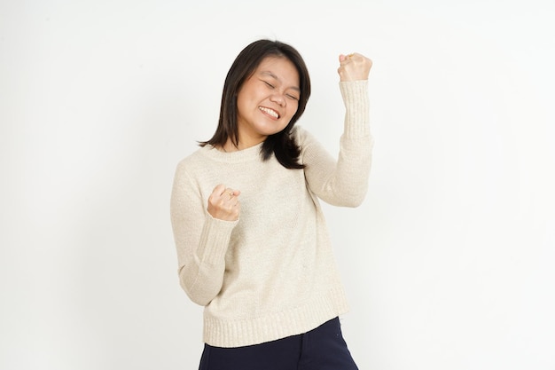 Yes Winning Gesture of Beautiful Asian Woman Isolated On White Background