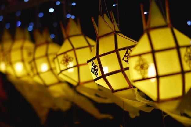 Yi Peng colorful paper lanterns decoration at night Loy Krathong Festival northern thailandxA