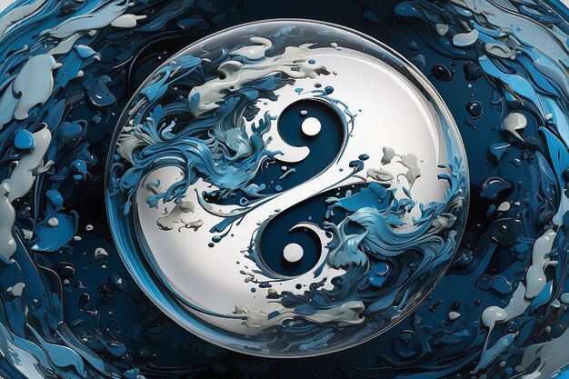 Photo a yin yang design created in a water bubble in shades of blue