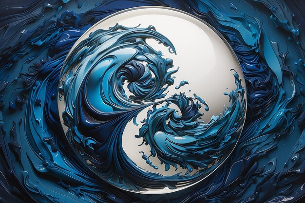 A Yin Yang design created in a water bubble in shades of blue