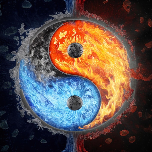 Foto yin e yang fatti di fuoco e acqua. simbolo di armonia