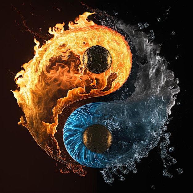 Yin e yang fatti di fuoco e acqua. simbolo di armonia