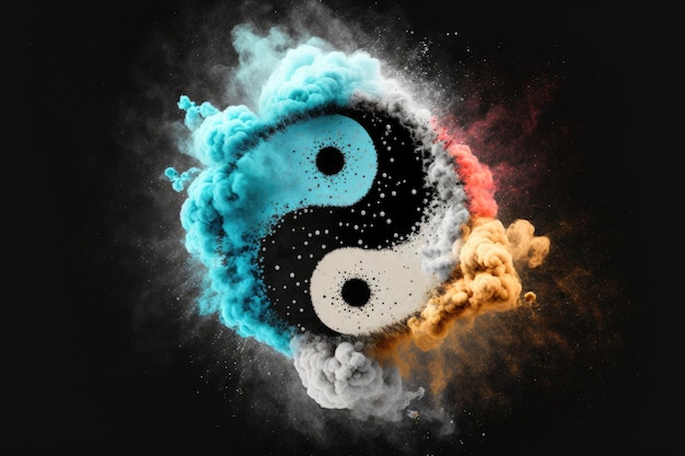 Yin Yang symbol with floating explosion powder abstract background