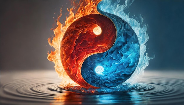 Foto simbolo yin yang con elementi di fuoco rosso e acqua blu su uno sfondo pulito che rappresenta l'equilibrio e