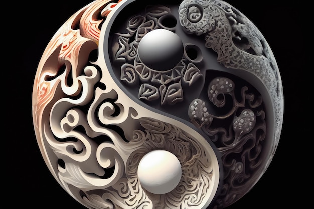 Yin Yang-symbool op zwarte achtergrond Generatieve AI