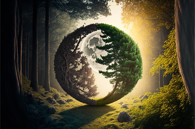 Yin yang with deciduous forest with sun and coniferous forest\
with moon